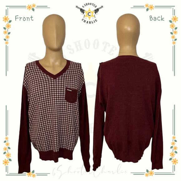 MARC ECKO Cut & Sew Cotton Plaid LS SWEATER w Pocket Maroon Men Size Large - Picture 1 of 7